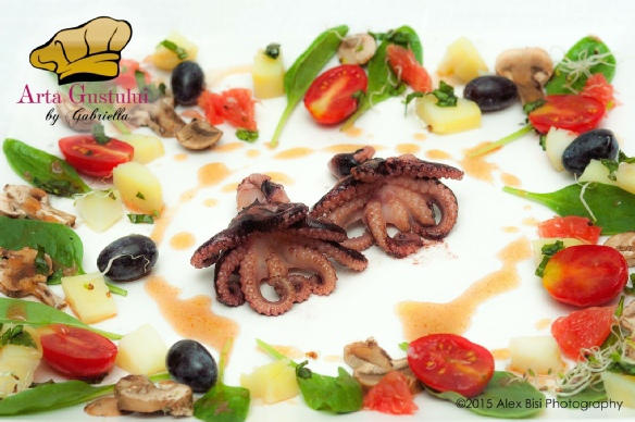 Baby caracatita cu salata si reductie din vin rosé Arta gustului, Baby caracatita cu salata si reductie de vin rosé, Gabriella Pascaru Bisi, Ocean Fish, Peste, Rosé Terase Danubiene Vinarte