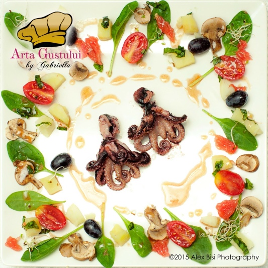 Baby caracatita cu salata si reductie din vin rosé Arta gustului, Baby caracatita cu salata si reductie de vin rosé, Gabriella Pascaru Bisi, Ocean Fish, Peste, Rosé Terase Danubiene Vinarte