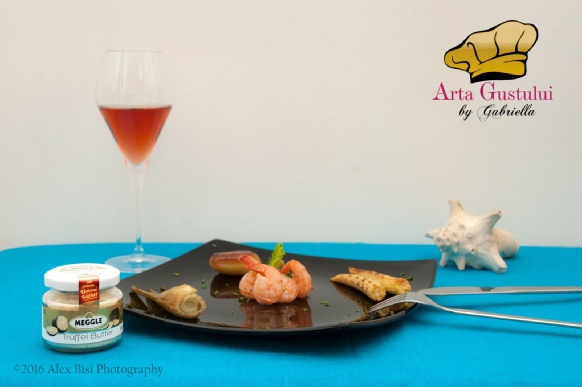 Arta gustului, Creveti trasi la tigaie cu unt de trufe baby fenicul baby porumb si cartofi noi, Creveti Vannamei, Fructe de mare, Gabriella Pascaru Bisi, Meggle Romania, Ocean Fish, Peste, Unt cu trufe Meggle