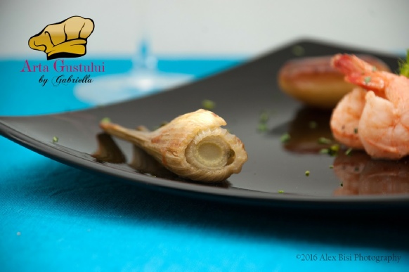 Arta gustului, Creveti trasi la tigaie cu unt de trufe baby fenicul baby porumb si cartofi noi, Creveti Vannamei, Fructe de mare, Gabriella Pascaru Bisi, Meggle Romania, Ocean Fish, Peste, Unt cu trufe Meggle