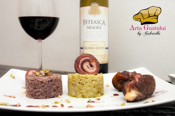 Pepite din strut cu risotto Samburesti si risotto cu avocado Arta gustului, Carne de strut, Gabriella Pascaru Bisi, Pepite din strut cu risotto Samburesti si risotto cu avocado, Samburesti, Feteasca Neagra