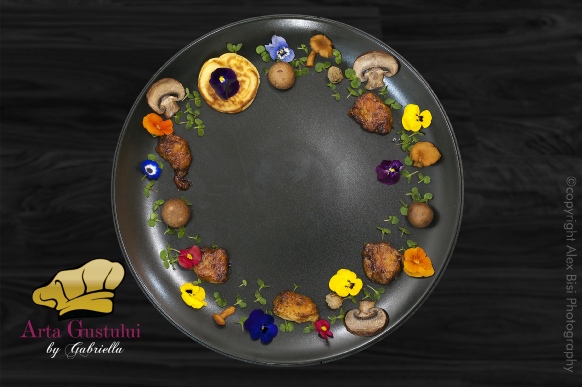 Arta gustului, Carne de pui, Gabriella Pascaru Bisi, Pepite balsamice cu tris de ciuperci si blinis cu turmeric, microgreens.ro