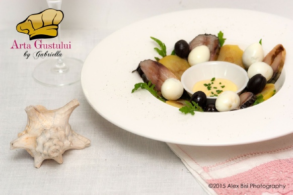 Aperitiv, Aperitiv din macrou afumat cartofi oua de prepelita cu maioneza din lime si reductie din Cabernet, Aperitive, Arta gustului, Gabriella Pascaru Bisi, Hobby Chef, Ocean Fish