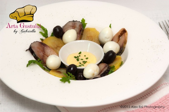 Aperitiv, Aperitiv din macrou afumat cartofi oua de prepelita cu maioneza din lime si reductie din Cabernet, Aperitive, Arta gustului, Gabriella Pascaru Bisi, Hobby Chef, Ocean Fish