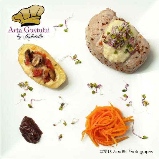 Filé de porc Casimiroa cu cartofi umpluti, spaghette din morcovi si dulceata din must Arta gustului, Carne, Filé de porc Casimiroa cu cartofi umpluti spaghette din morcovi si dulceata din must, Gabriella Pascaru Bisi, Hobby Chef, Ulei extravirgin de masline Naeli